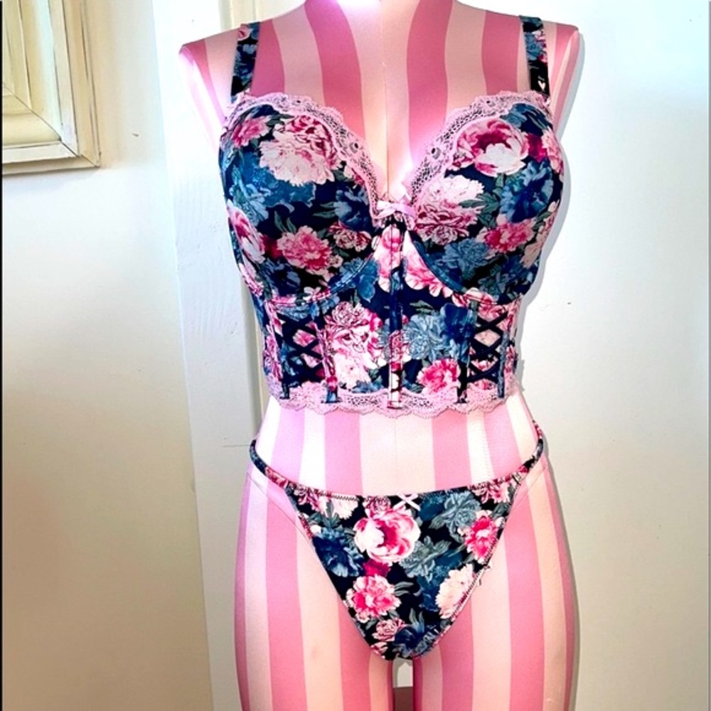 Set Dream Angels Bustier Demi Lined Corset Bra Thong Bow Panties Floral …